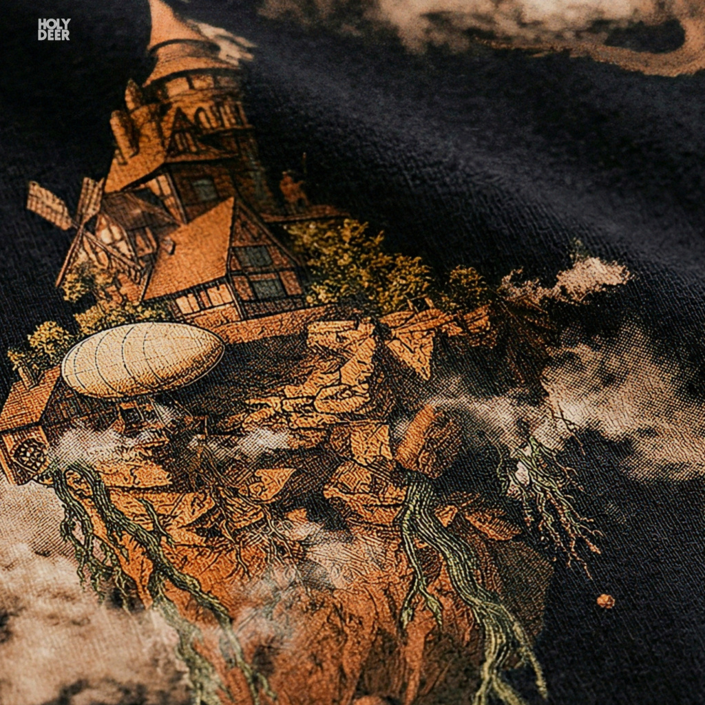 Soft amber spotlight shadow studio backdrop framing the unique Fantasy Art Tshirt by Holydeer Streetwear, magnifying the clean centered floating island placement and premium dragon gift presentation.