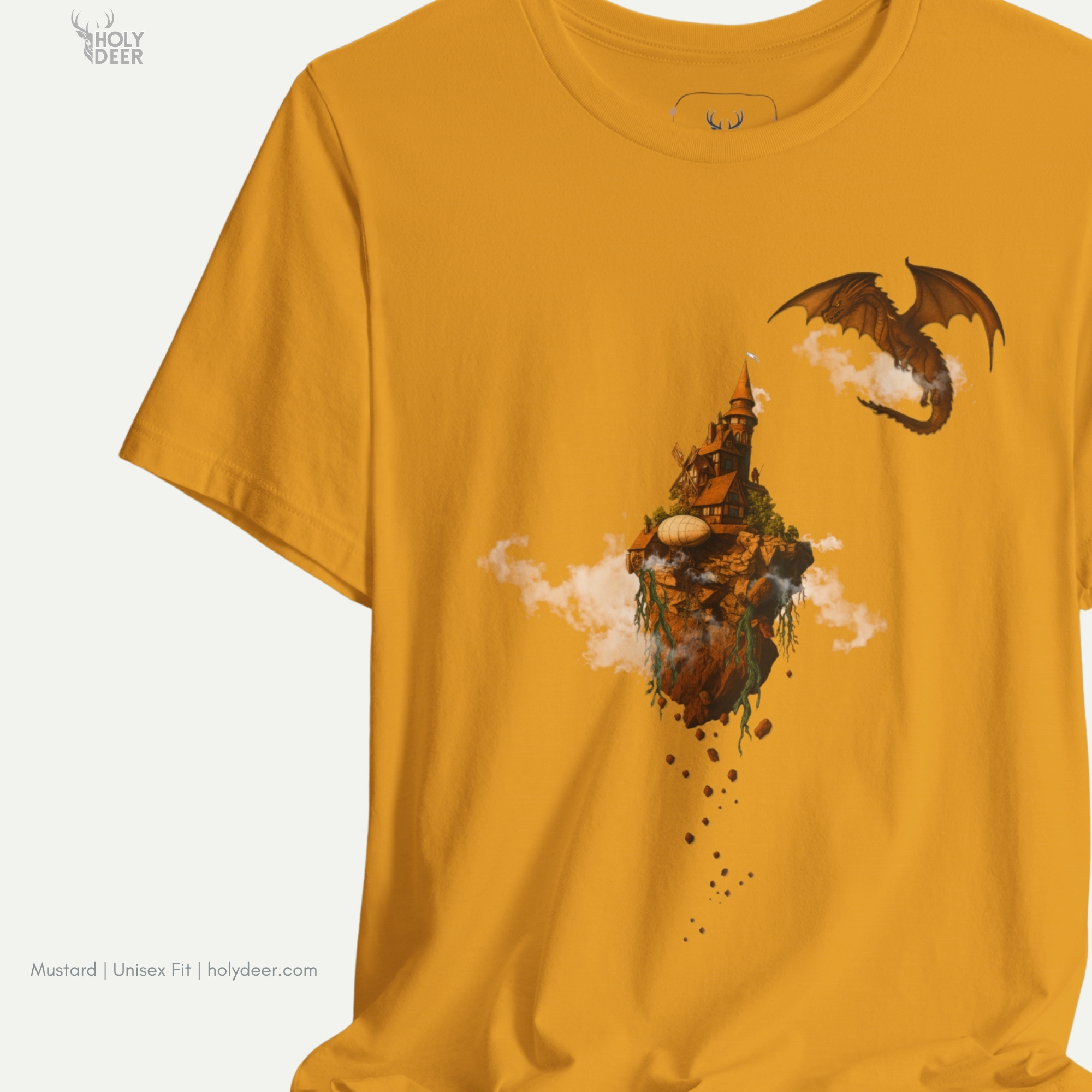 Angled perspective of the premium screen-printed Fantasy Art Tshirt, detailing the thick paint feel of the dragon illustration wings, top-right layout placement, and the signature holydeer tee high-contrast design.