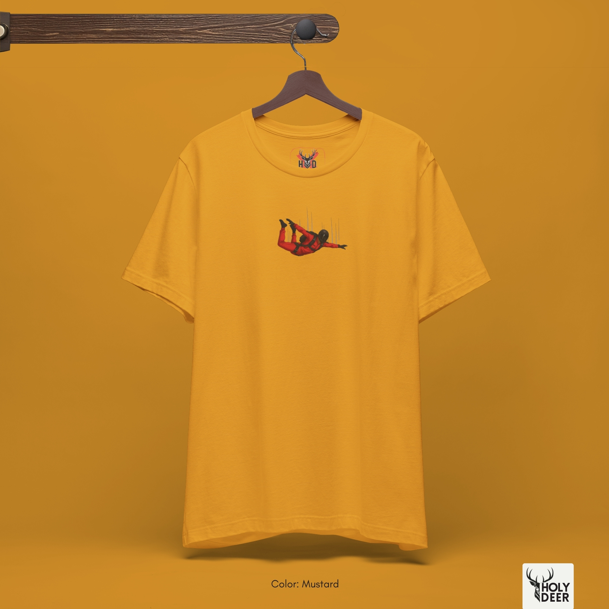 Professional flat lay photography of the Skydiving Shirt by Holydeer Apparel, arranged cleanly next to technical wrist altimeters, weathered flight logs, and outdoor hobby top essentials.