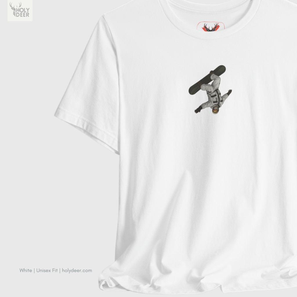 Soft arctic blue ray shadow studio backdrop framing the unique Backflip Snowboard tee by Holydeer Streetwear, magnifying the clean off-centered snowboard graphic placement and premium indie skier gift presentation.