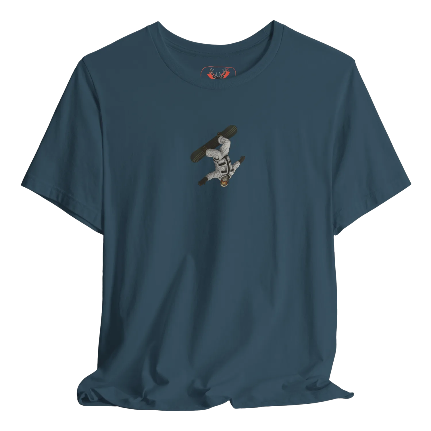 Blue t shirt featuring a detailed snowboarder performing a mid-air freestyle jump, perfect for snowboarders, snow park riders, ski resort visitors and winter sports enthusiasts who love downhill runs, mountain trips, resort weekends and extreme snowboarding streetwear. Ideal for cold weather riders seeking stylish snow gear and snowboarding graphic apparel.