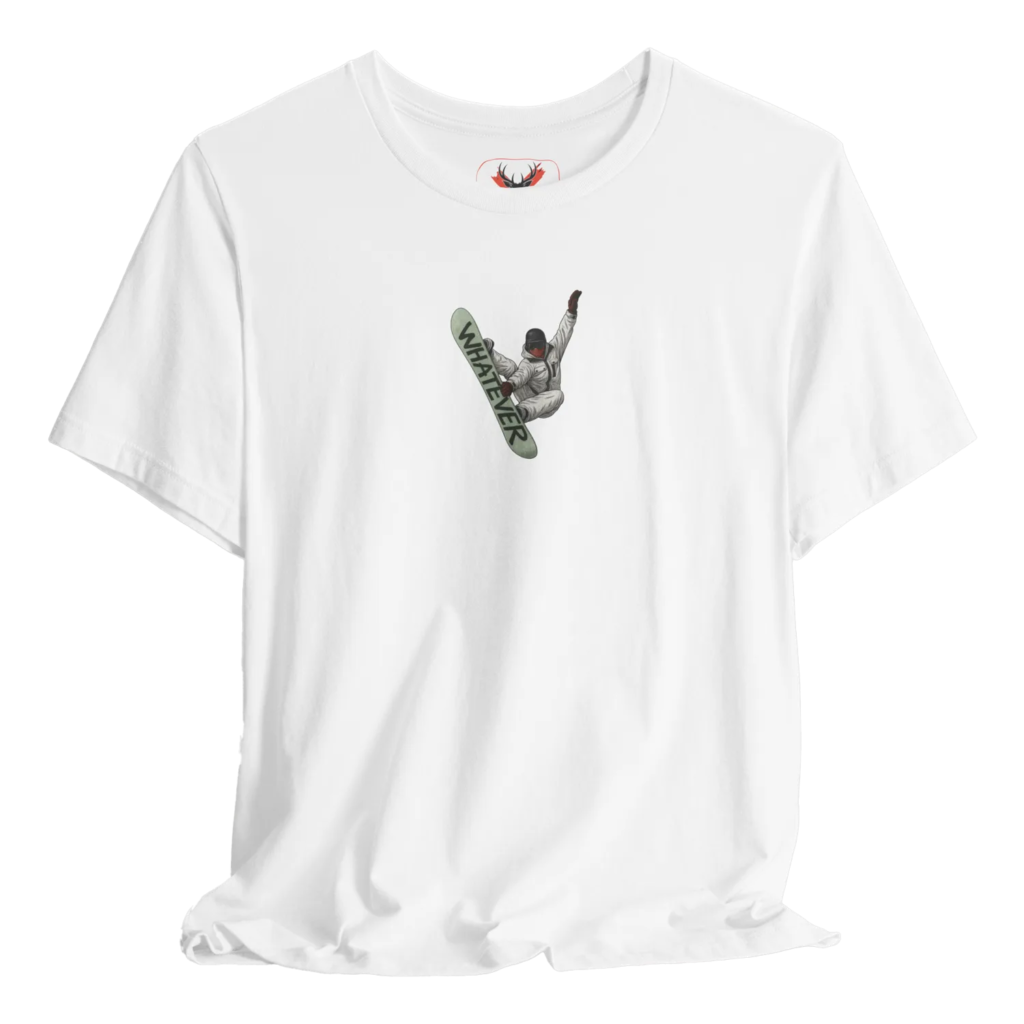 White t shirt featuring a freestyle snowboarder performing a mid-air trick with bold lettering on the snowboard that reads “WHATEVER”. Perfect for snowboarders, ski resort riders, winter sports fans and snow park enthusiasts who enjoy mountain weekends, downhill runs, cool snowboarding streetwear and stylish rider apparel for everyday use.