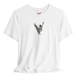 White t shirt featuring a freestyle snowboarder performing a mid-air trick with bold lettering on the snowboard that reads “WHATEVER”. Perfect for snowboarders, ski resort riders, winter sports fans and snow park enthusiasts who enjoy mountain weekends, downhill runs, cool snowboarding streetwear and stylish rider apparel for everyday use.