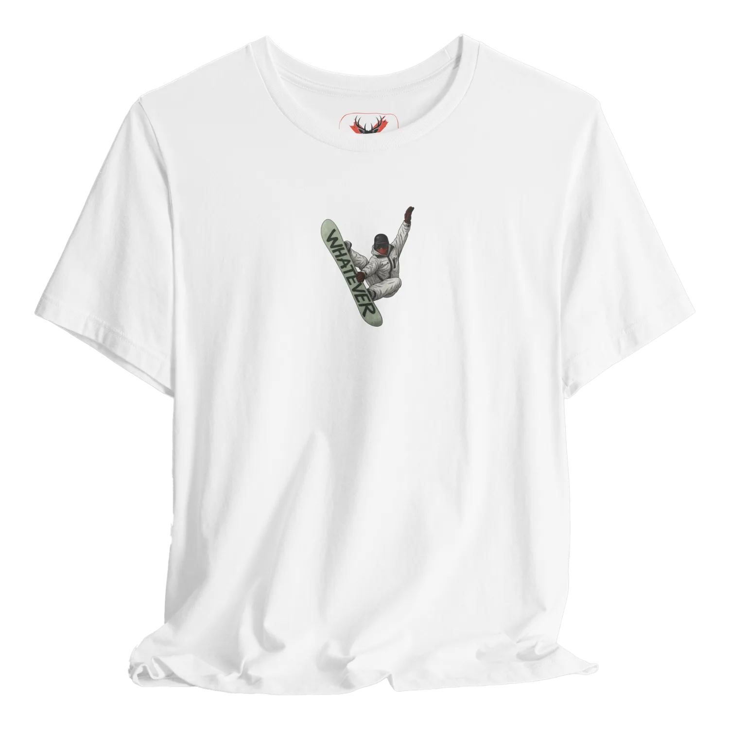 White t shirt featuring a freestyle snowboarder performing a mid-air trick with bold lettering on the snowboard that reads “WHATEVER”. Perfect for snowboarders, ski resort riders, winter sports fans and snow park enthusiasts who enjoy mountain weekends, downhill runs, cool snowboarding streetwear and stylish rider apparel for everyday use.