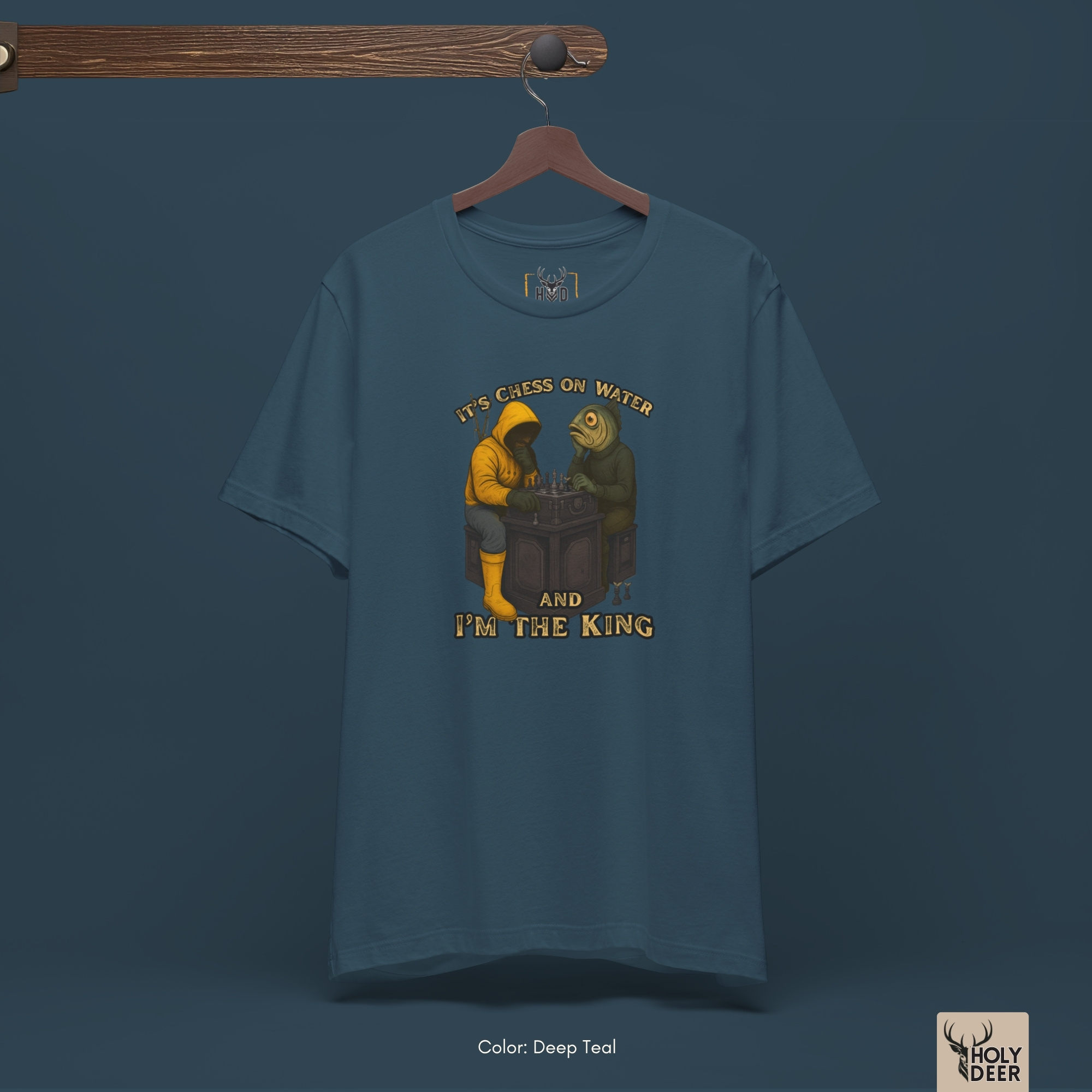 Angled perspective of the premium screen-printed Fishing Humor Tee, detailing the thick paint feel of the vibrant yellow çizme layout and rustic chest silhouette, center layout placement, and the signature holydeer tee high-contrast design.