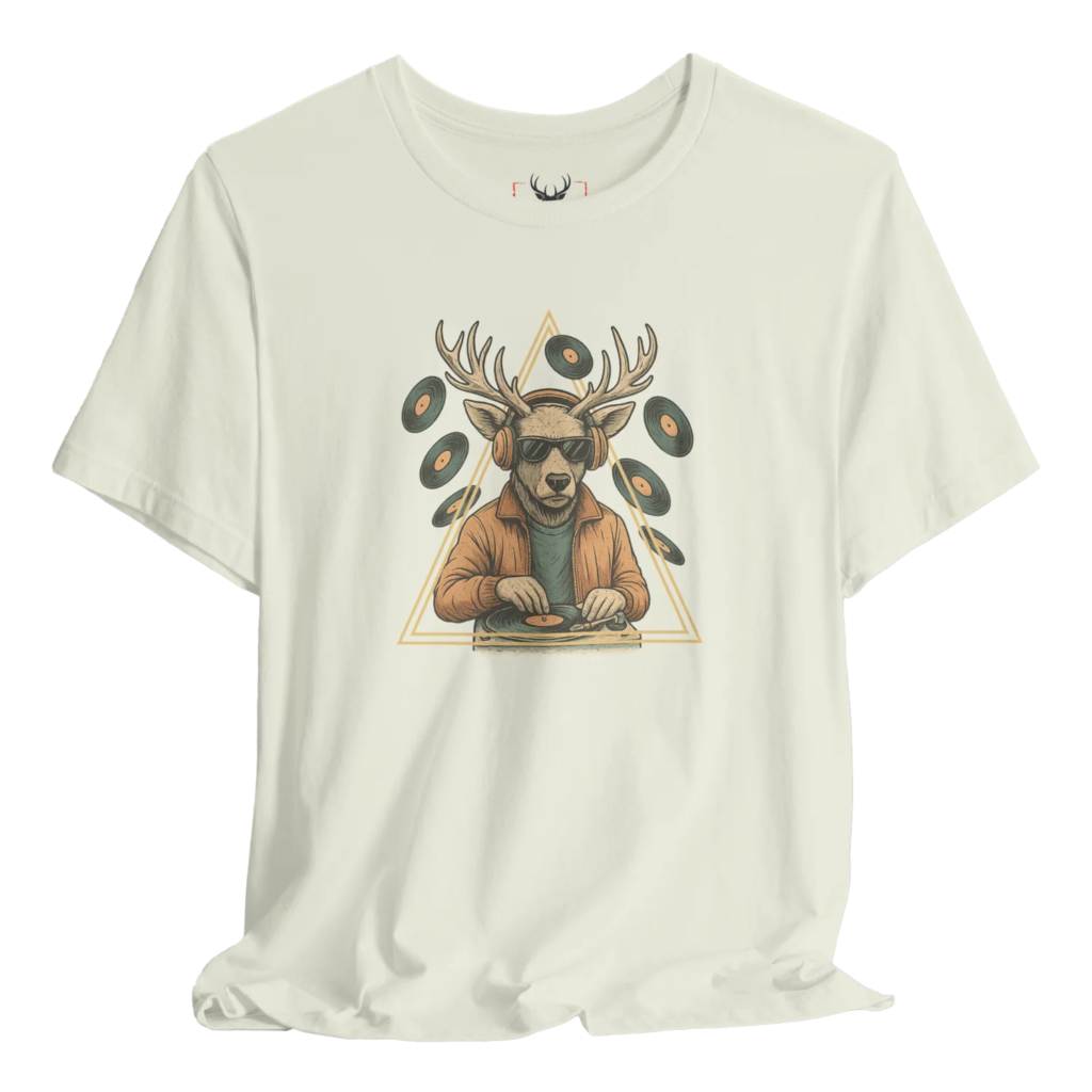 Funny DJ Deer Graphic T-Shirt designed for music lovers, featuring a playful deer illustration. This unique animal fashion piece is perfect for music festivals and casual wear, appealing to both men and women who appreciate stylish and humorous graphic tees.