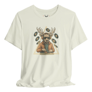 Funny DJ Deer Graphic T-Shirt designed for music lovers, featuring a playful deer illustration. This unique animal fashion piece is perfect for music festivals and casual wear, appealing to both men and women who appreciate stylish and humorous graphic tees.