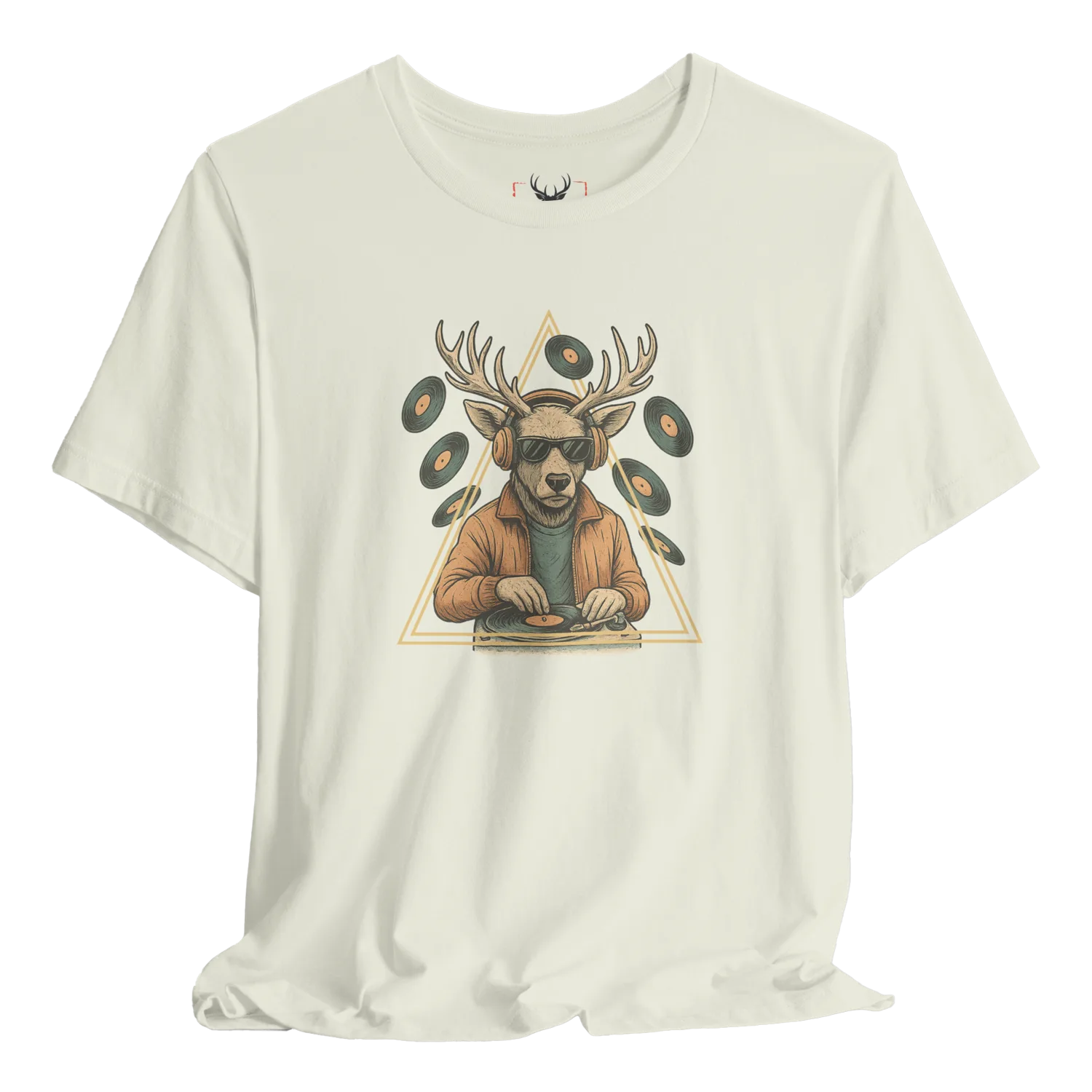 Funny DJ Deer Graphic T-Shirt designed for music lovers, featuring a playful deer illustration. This unique animal fashion piece is perfect for music festivals and casual wear, appealing to both men and women who appreciate stylish and humorous graphic tees.