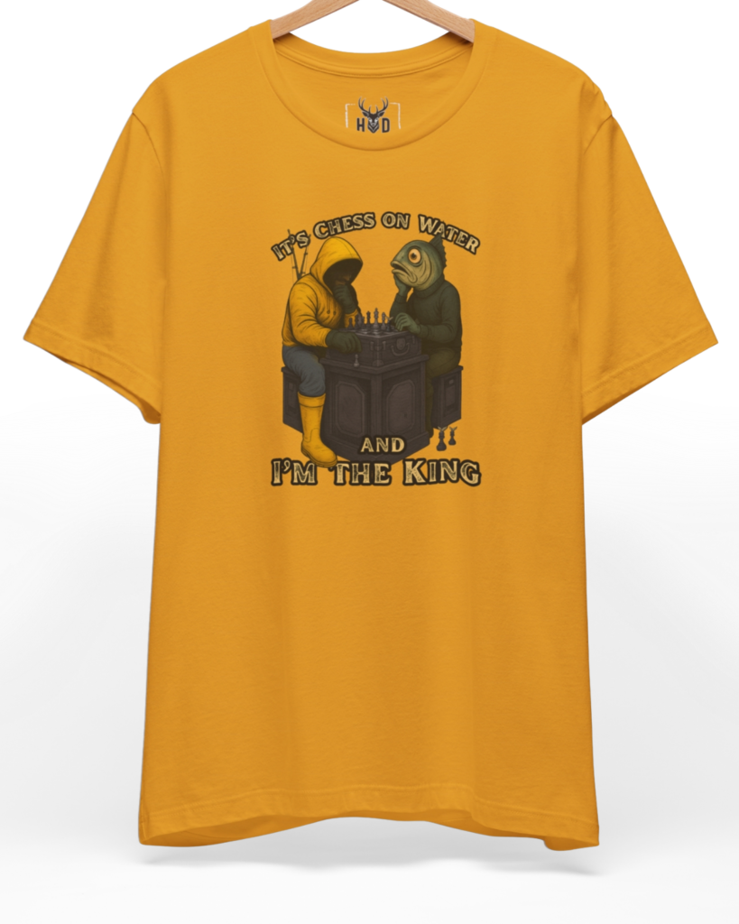 Premium Fishing Humor Tee displaying a unique fish and man playing chess composition and funny fishing tee layout on a retro mustard yellow shirt, designed by Holydeer Clothing.