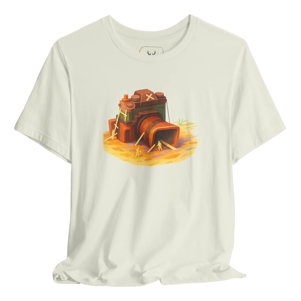 A humorous vintage camera inspired t-shirt designed for photographers. This comfortable and stylish graphic tee showcases a creative design that celebrates the art of photography, making it a perfect gift for photography enthusiasts.