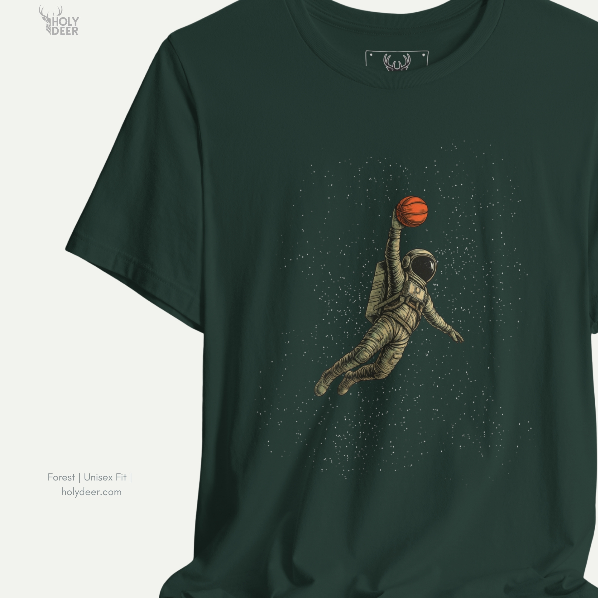 Angled perspective of the premium screen-printed Cyberpunk Basketball, detailing the thick paint feel of the elevated cyborg body and heavy flight boot sole details, center layout placement, and the signature holydeer tee high-contrast design.