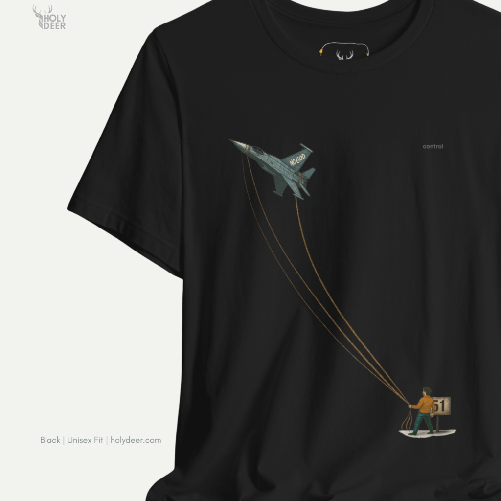 Modern brutalist concrete architecture outdoor lifestyle model wearing the centered Freedom Shirt from Holydeer Clothing, standing as a high-end future mindset shirt statement matching elite plane minimalist tee trends.