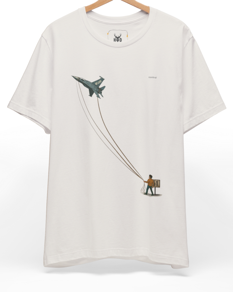 Premium Freedom Shirt displaying a unique control vs freedom jet tshirt minimal conceptual aviation graphic tee layout on a vintage white backdrop, designed by Holydeer Clothing.
