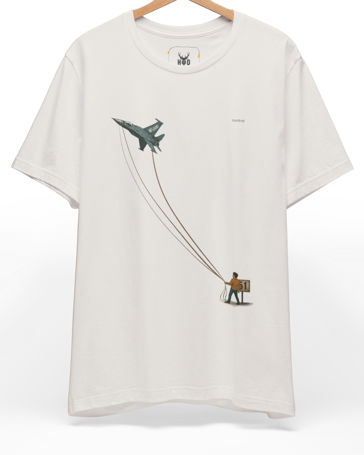 Premium Freedom Shirt displaying a unique control vs freedom jet tshirt minimal conceptual aviation graphic tee layout on a vintage white backdrop, designed by Holydeer Clothing.