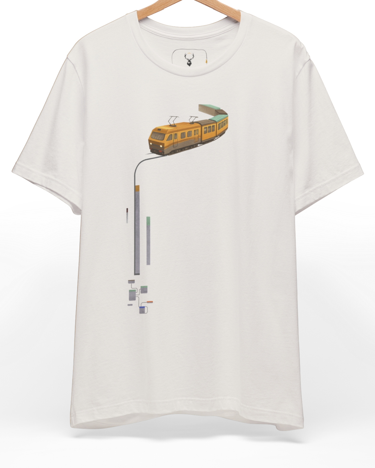 Premium Subway Tee displaying a futuristic minimal abstract train tshirt layout and schmatic metro art transport shirt concept on a vintage white canvas, designed by Holydeer Clothing