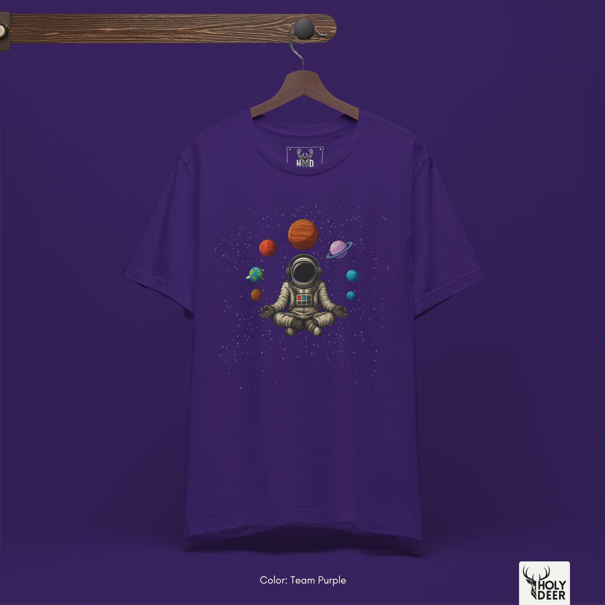 Soft abyssal space shadow studio backdrop framing the unique Astronaut Meditate by Holydeer Streetwear, magnifying the clean centered aesthetic astronaut placement and premium cosmic athlete gift presentation.