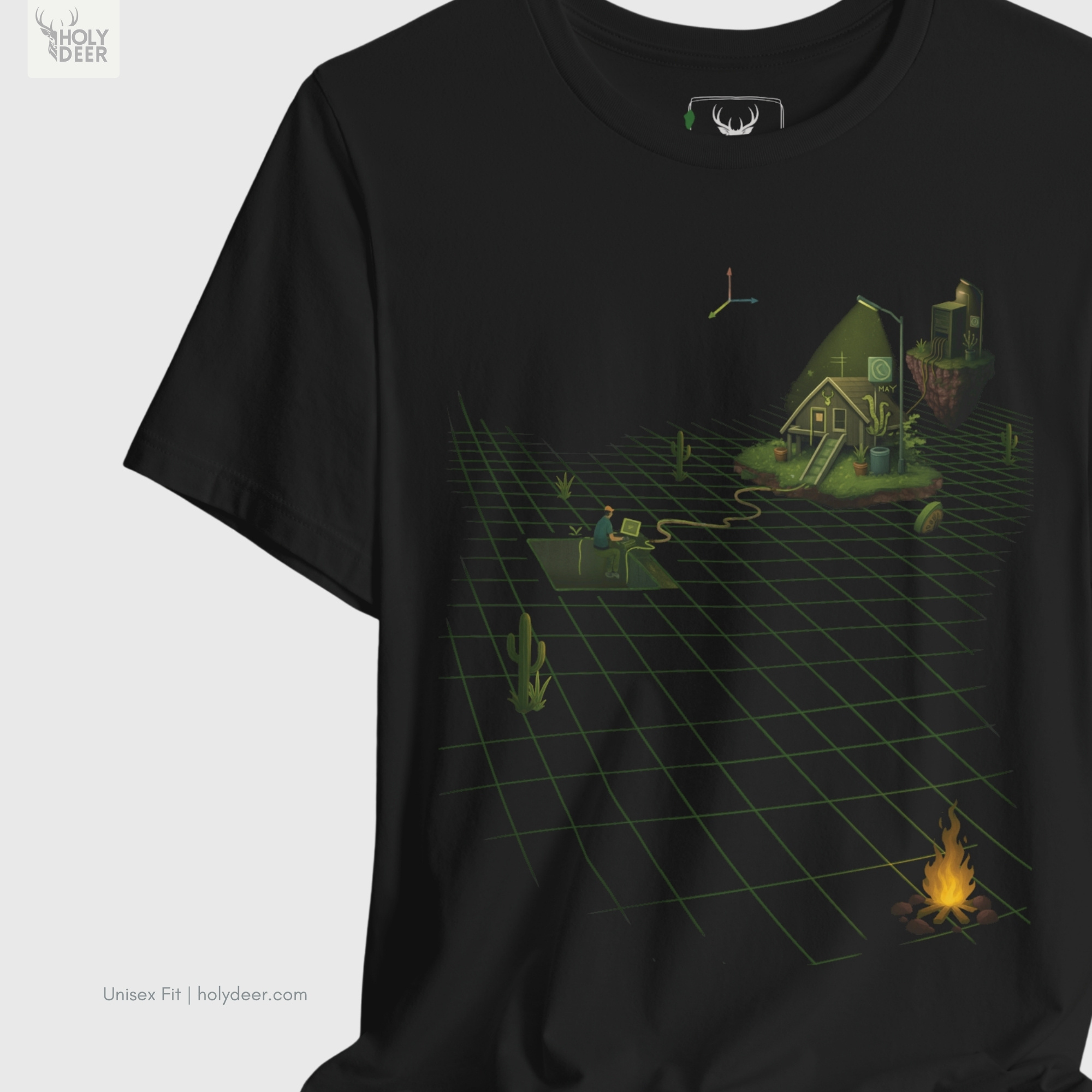 Industrial tech office concrete architecture lifestyle model wearing the centered Minimalist Indie Game Dev Shirt from Holydeer Clothing, standing as a high-end game dev shirt statement matching elite unity developer tee trends.