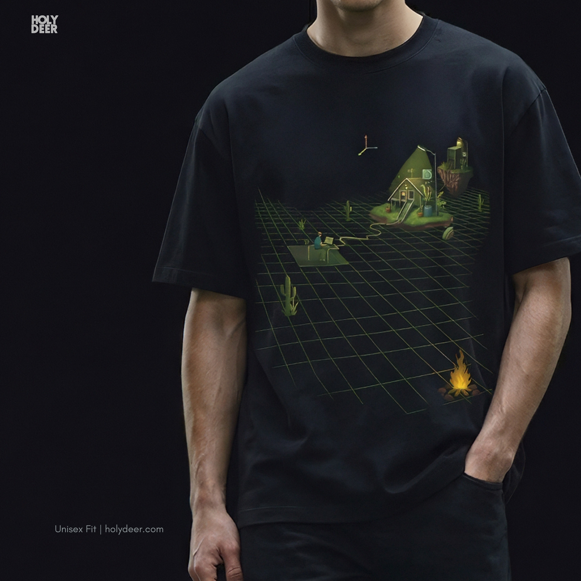 Soft matrix green shadow studio backdrop framing the unique Minimalist Indie Game Dev Shirt by Holydeer Streetwear, magnifying the clean centered 3d modeling tshirt placement and premium game developer gift presentation.