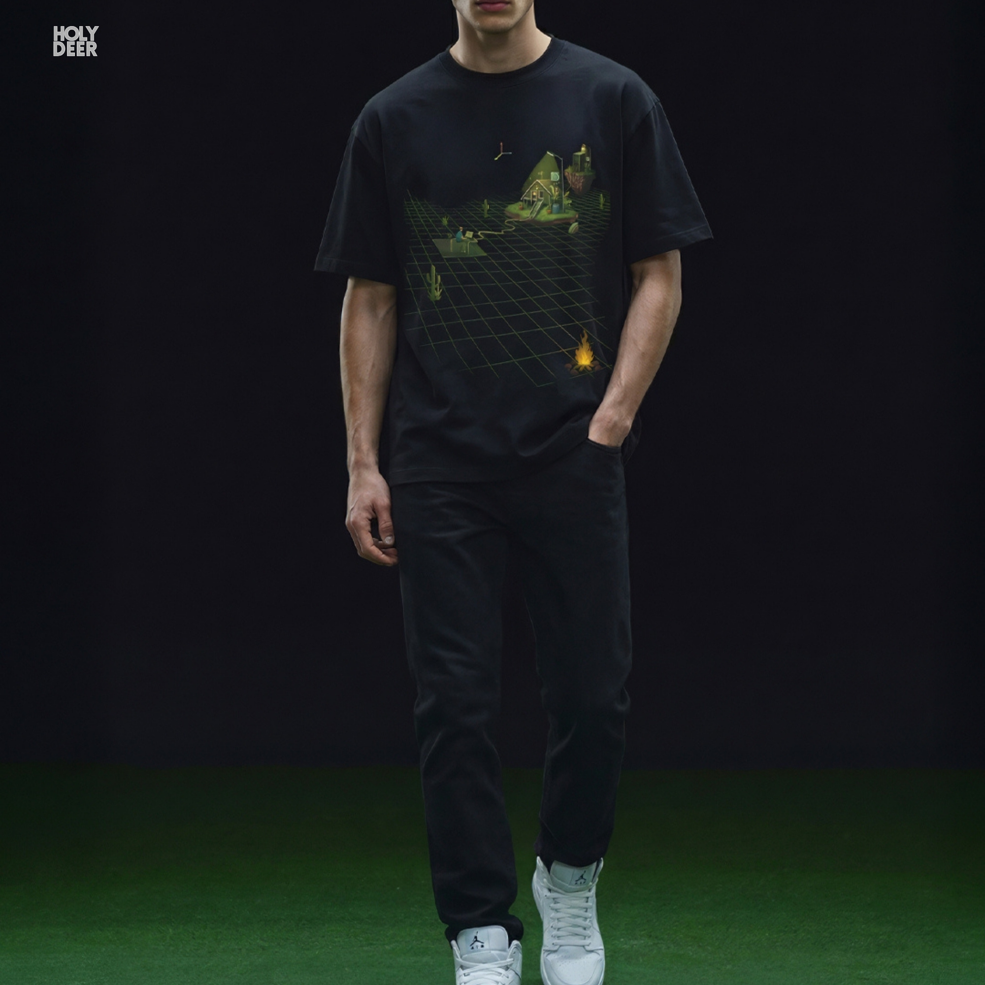 Professional flat lay photography of the Minimalist Indie Game Dev Shirt by Holydeer Apparel, arranged elegantly next to mechanical keyboards and high-end game architecture design notebooks.
