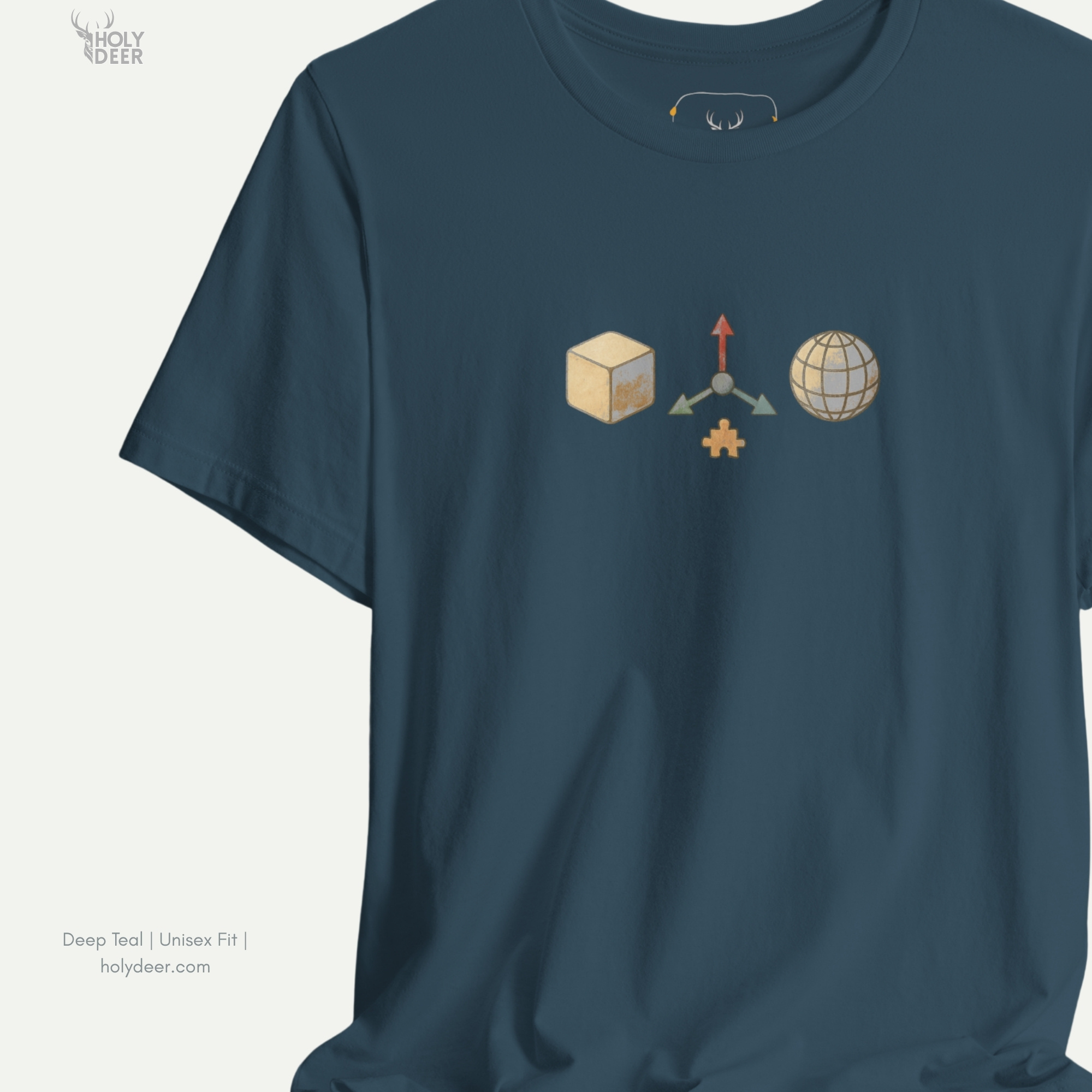 Abstract artistic lookbook frame manipulating deep fabric wrinkles and crisp side shadow blocks on the game dev tshirt garment.