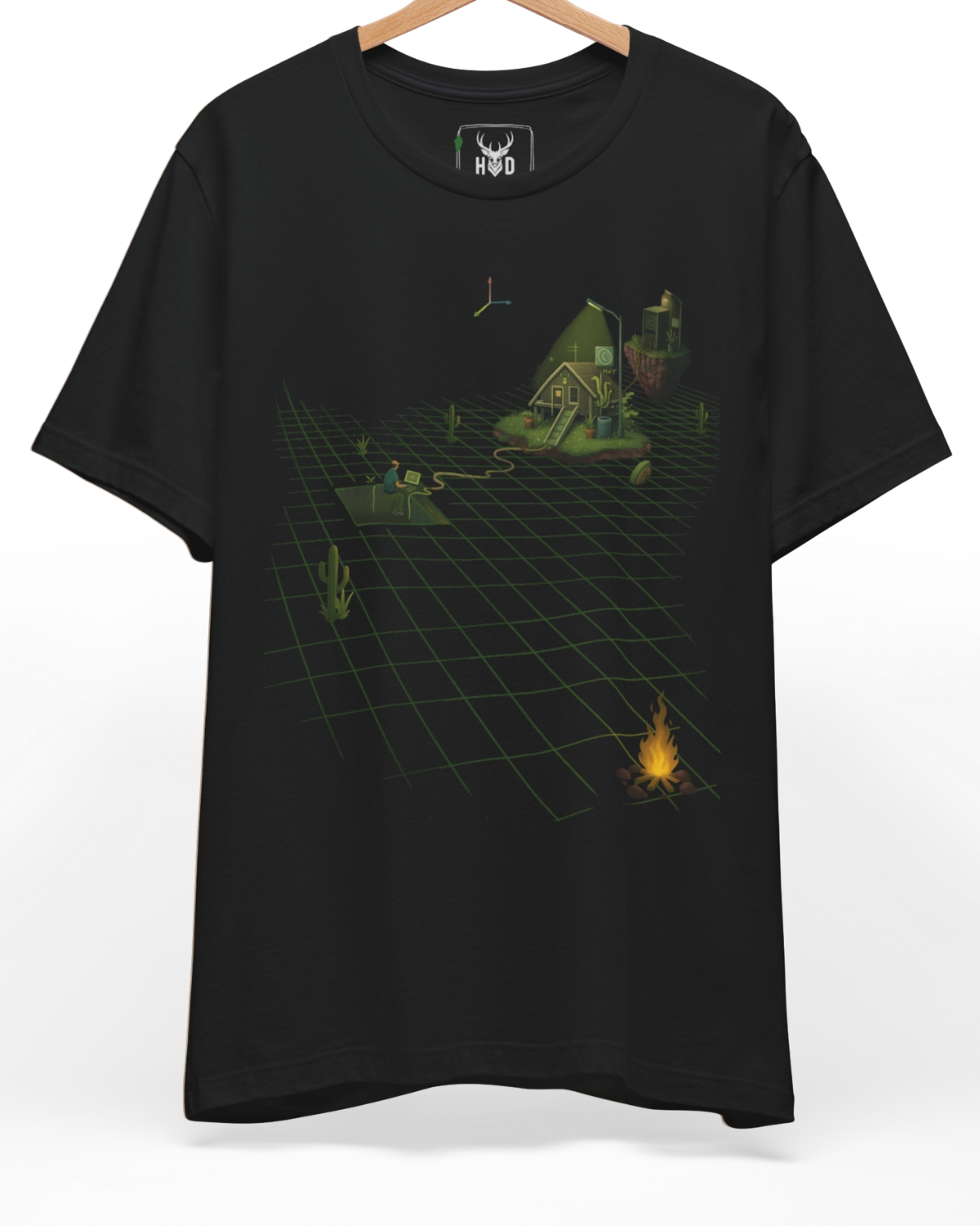 Premium Minimalist Indie Game Dev Shirt displaying a high-detail green 3D grid and floating island world design concept on a black graphic tee layout, designed by Holydeer Clothing.