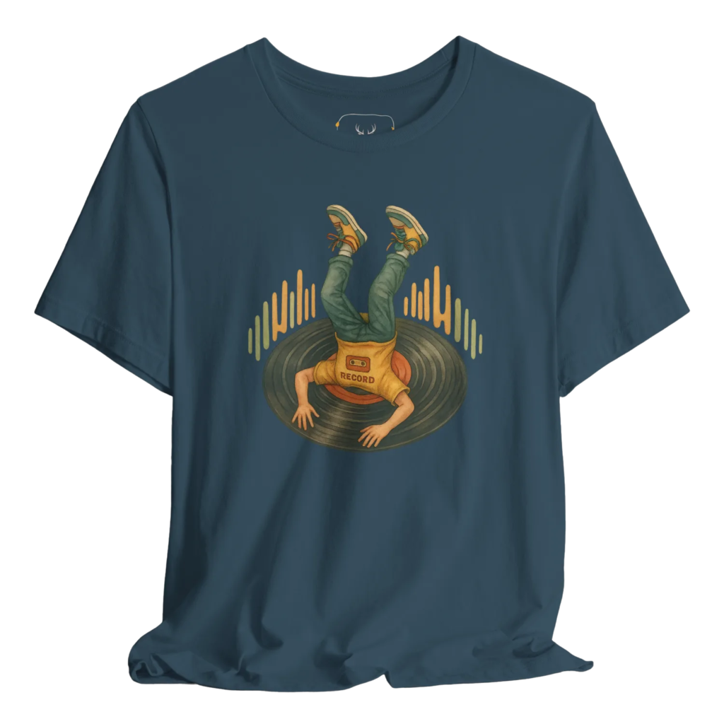 This trendy graphic music t-shirt features a vintage vinyl record design, perfect for music lovers. Ideal for casual outings, music festivals, or as unique concert apparel. A must-have for anyone who appreciates retro style and artistic band graphics. Show off your love for music with this comfortable and stylish shirt.