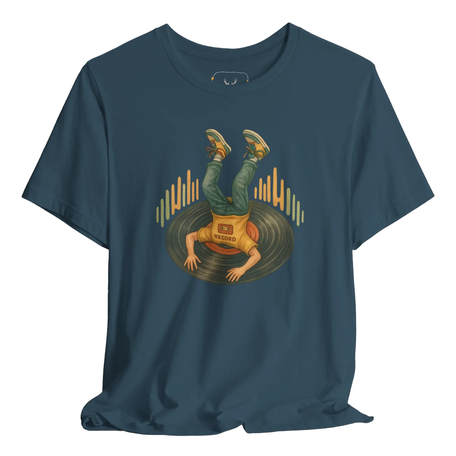 This trendy graphic music t-shirt features a vintage vinyl record design, perfect for music lovers. Ideal for casual outings, music festivals, or as unique concert apparel. A must-have for anyone who appreciates retro style and artistic band graphics. Show off your love for music with this comfortable and stylish shirt.