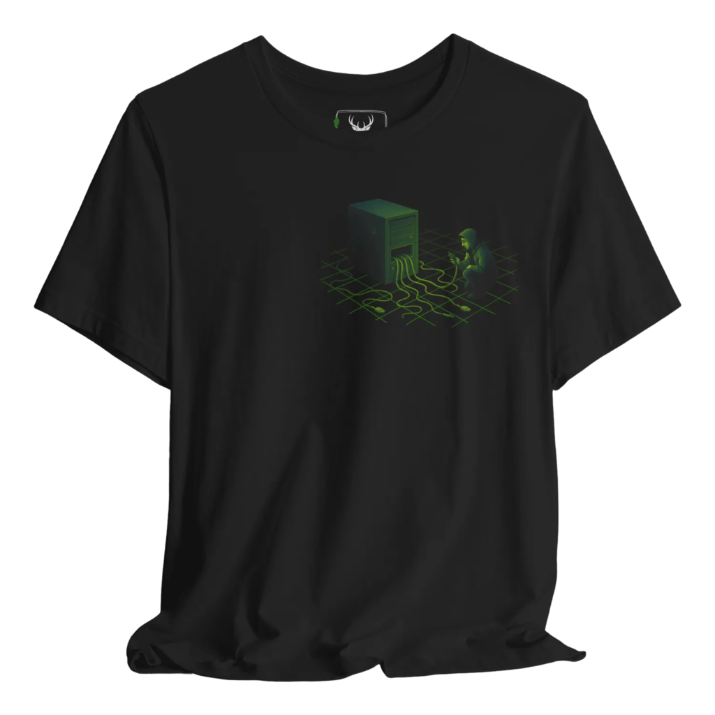 Black t shirt featuring a neon green hacker-themed server terminal illustration with a hooded character, cables and retro grid floor, designed for developers, sysadmins, cybersecurity specialists, ethical hackers, network administrators and tech nerds who enjoy infosec culture, coding terminal aesthetics and underground cyber streetwear for offices, hackathons and LAN events.