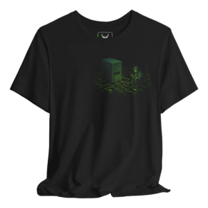 Black t shirt featuring a neon green hacker-themed server terminal illustration with a hooded character, cables and retro grid floor, designed for developers, sysadmins, cybersecurity specialists, ethical hackers, network administrators and tech nerds who enjoy infosec culture, coding terminal aesthetics and underground cyber streetwear for offices, hackathons and LAN events.