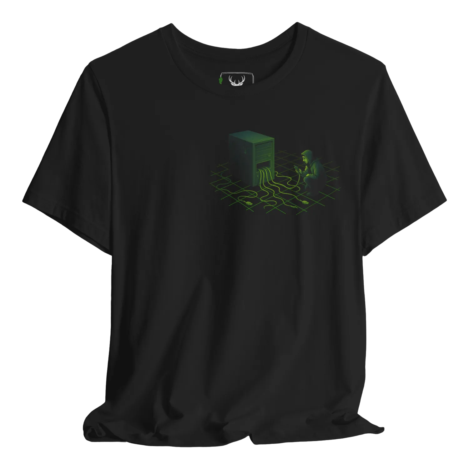 Black t shirt featuring a neon green hacker-themed server terminal illustration with a hooded character, cables and retro grid floor, designed for developers, sysadmins, cybersecurity specialists, ethical hackers, network administrators and tech nerds who enjoy infosec culture, coding terminal aesthetics and underground cyber streetwear for offices, hackathons and LAN events.