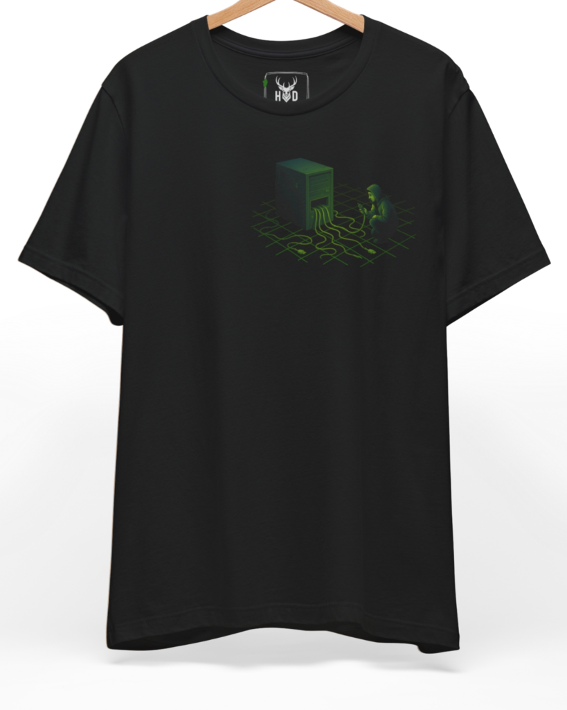 Premium Cyberpunk Tee displaying a high-detail green matrix perspective grid and server rig hacker tshirt concept on a black graphic tee layout, designed by Holydeer Clothing.