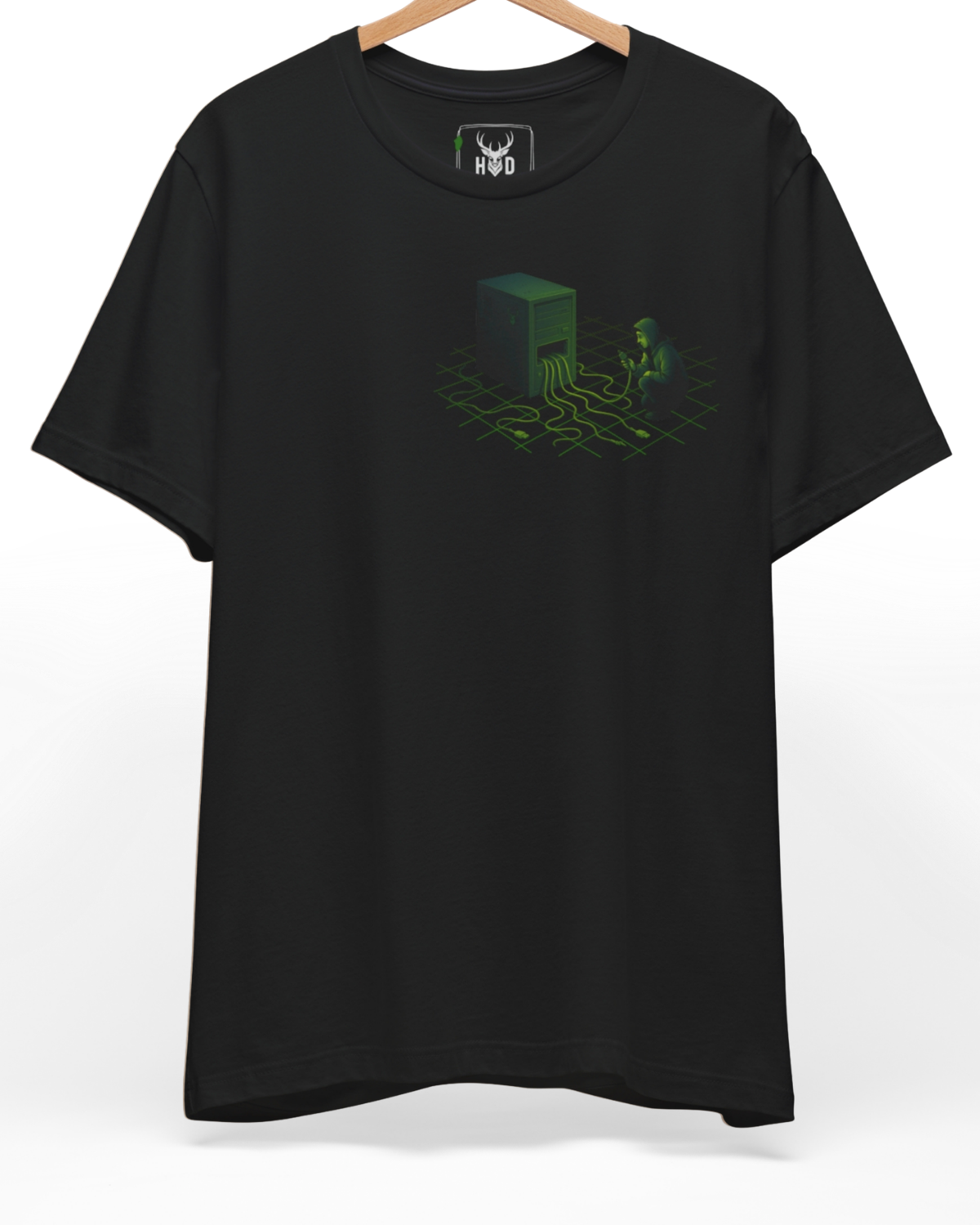 Premium Cyberpunk Tee displaying a high-detail green matrix perspective grid and server rig hacker tshirt concept on a black graphic tee layout, designed by Holydeer Clothing.