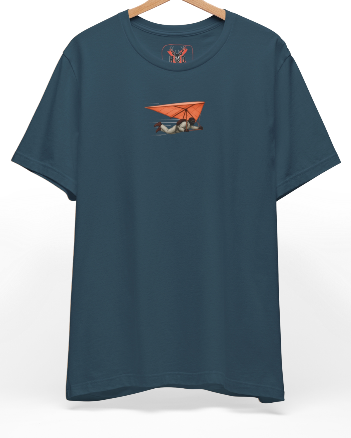 Premium Hang Glider Tee displaying a high-detail orange hang gliding top graphic and glider pilot tee concept on a deep teal shirt layout, designed by Holydeer Clothing.