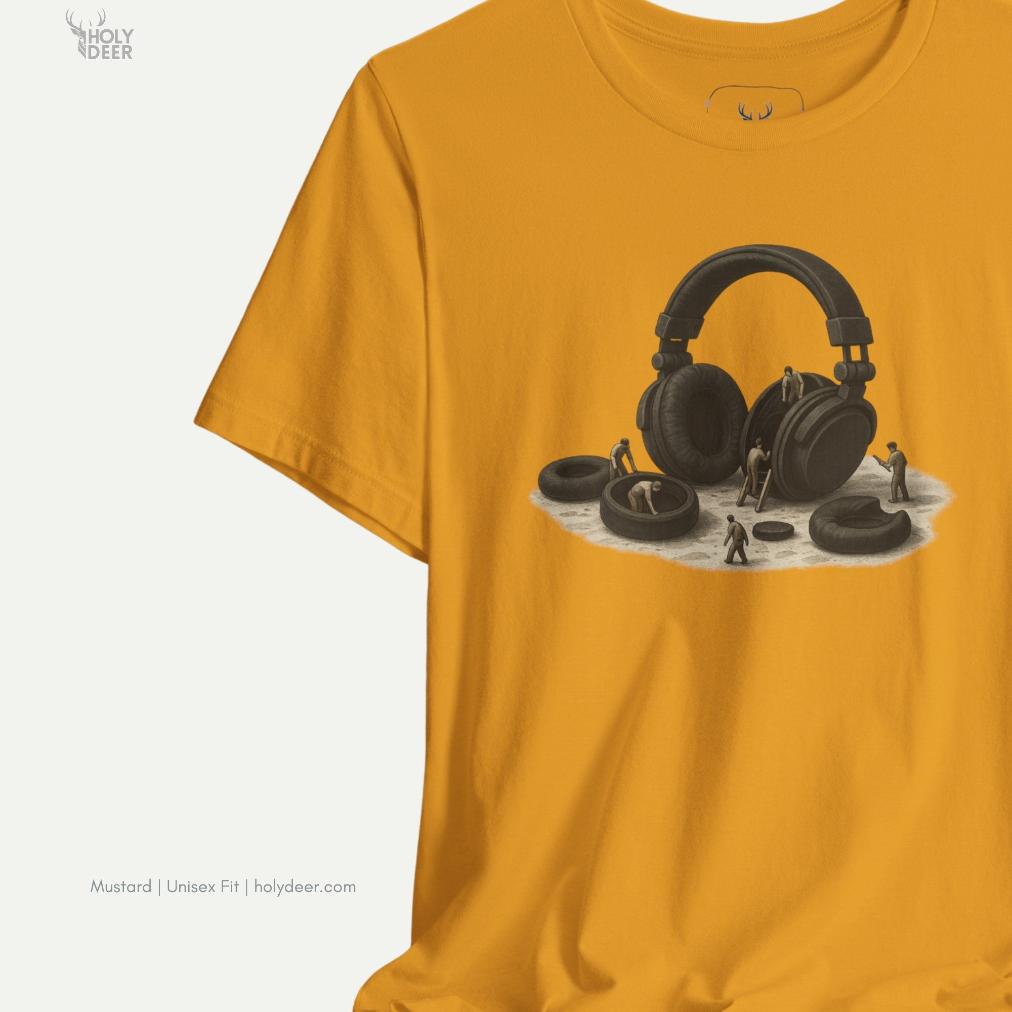 Full-length lookbook capture showing a visual creator styling the premium audiophile gift with relaxed black casual denim in a professional mixing room setting.