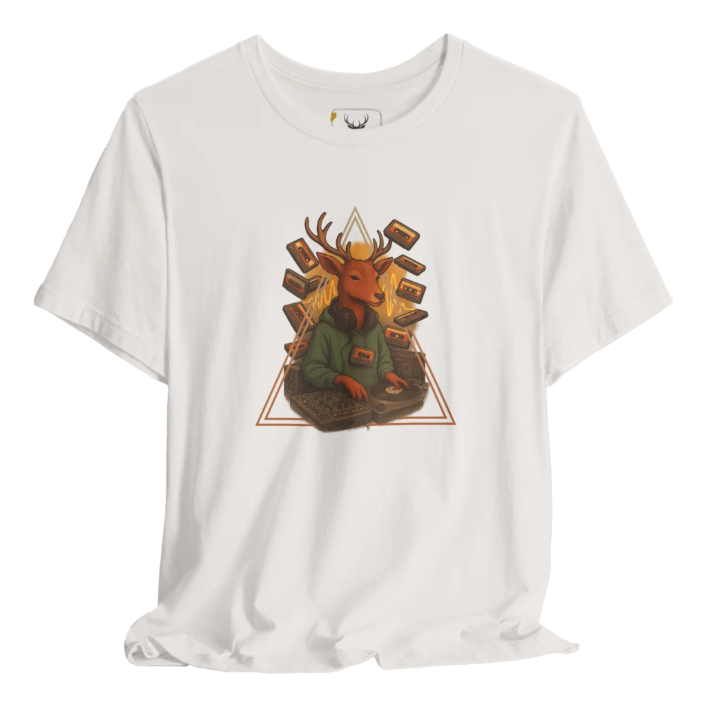 A vibrant hipster deer graphic relaxed fit t-shirt designed for music lovers. This unique animal art shirt features a cool deer illustration, making it perfect for concert lovers and creative individuals looking for stylish casual wear. The soft breathable fabric ensures comfort.