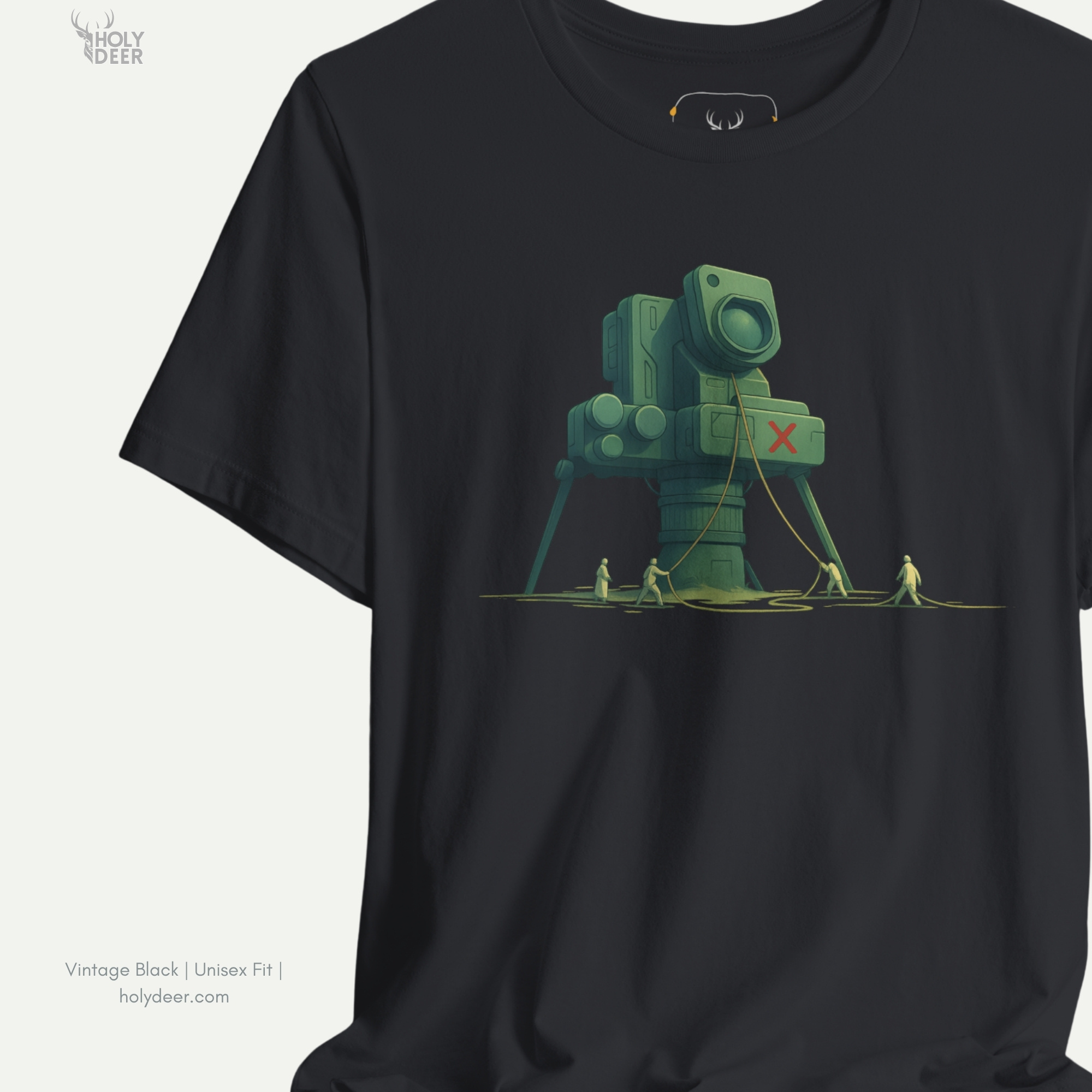Angled perspective of the premium screen-printed Creative Photo Tee, detailing the thick paint feel of the stabilizer modül legs layout and minimal ground soil tracks, center layout placement, and the signature holydeer tee high-contrast design.