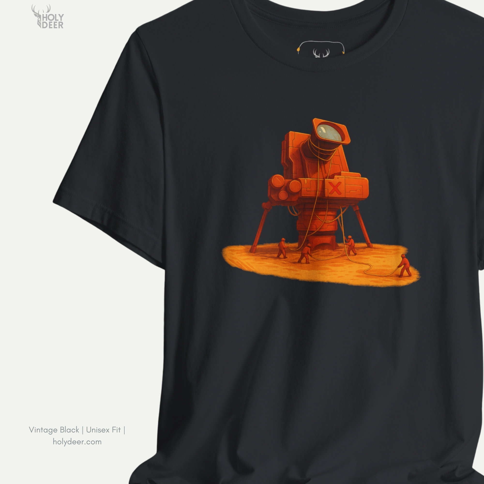 Soft warm orange dust ray shadow studio backdrop framing the unique Surreal Camera Art by Holydeer Streetwear, magnifying the clean centered aesthetic sci fi placement and premium retro future shirt presentation.