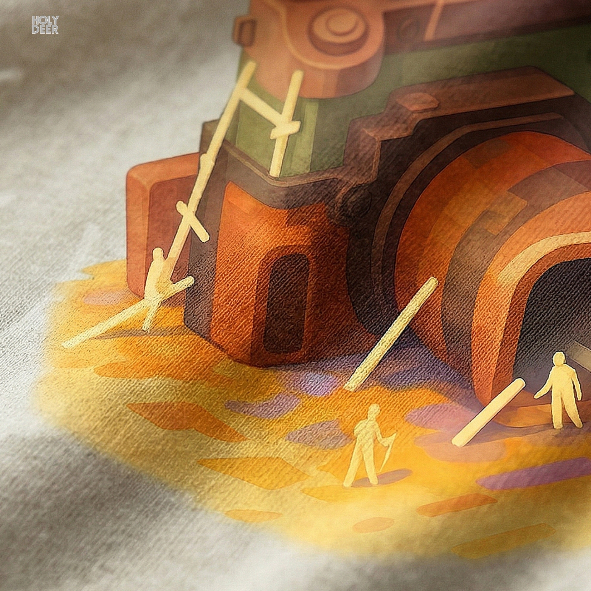 High-magnification print detail tracking the wide hollow square lens barrel forming an open cavern entryway with soft yellow ground ink transitions on the cinematography tee.