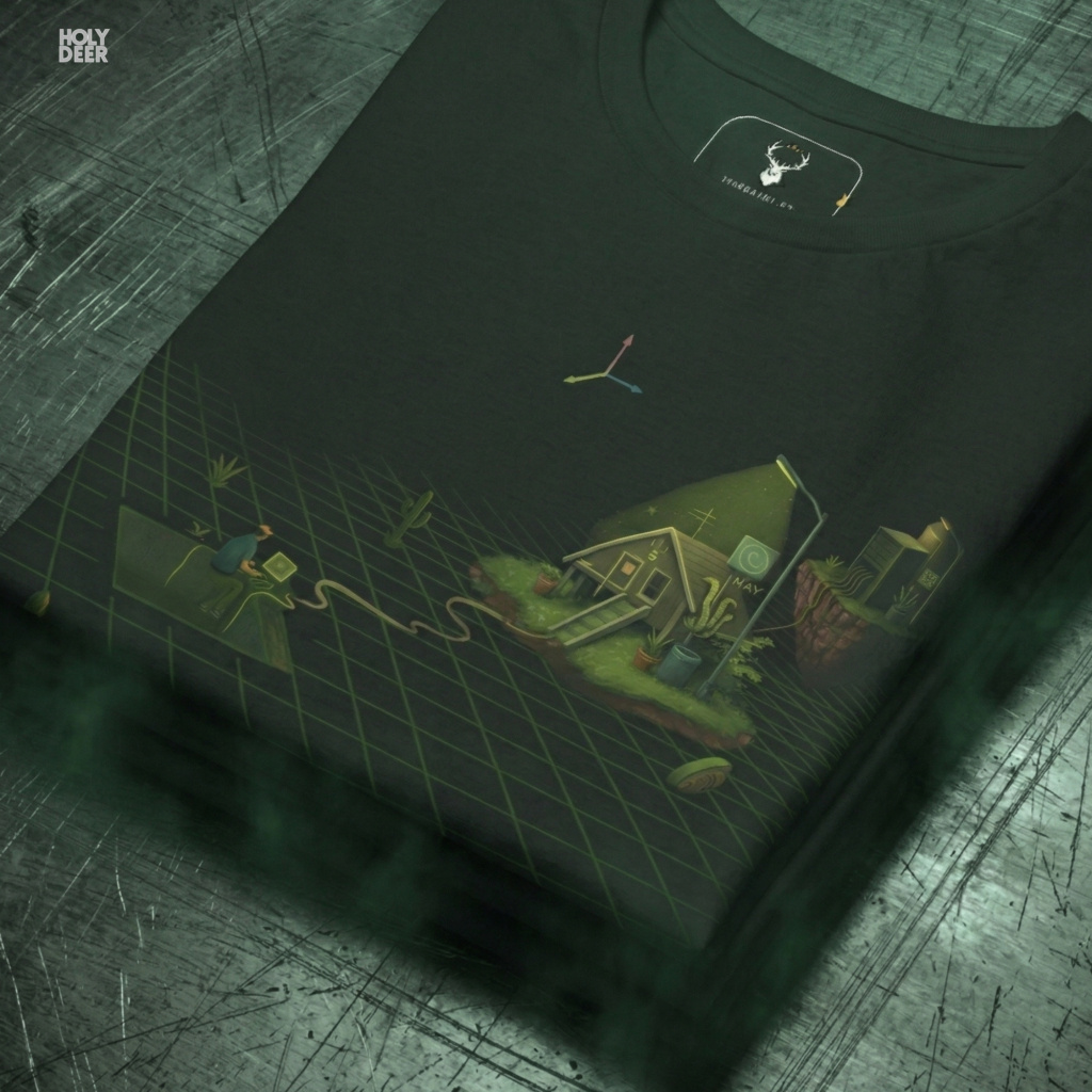 Angled perspective of the premium screen-printed Minimalist Indie Game Dev Shirt, detailing the thick paint feel of the glowing campfire element, bottom layout placement, and the signature holydeer tee high-contrast design.