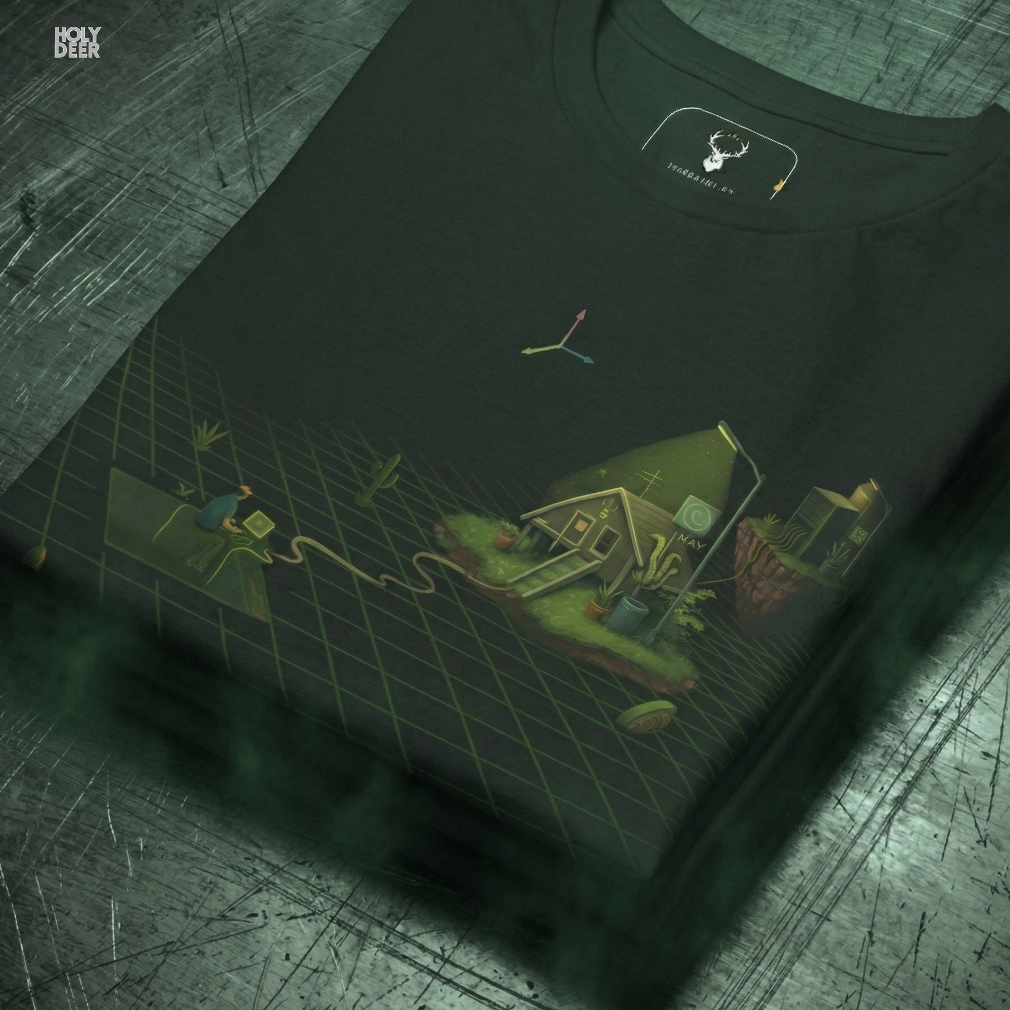 Angled perspective of the premium screen-printed Minimalist Indie Game Dev Shirt, detailing the thick paint feel of the glowing campfire element, bottom layout placement, and the signature holydeer tee high-contrast design.