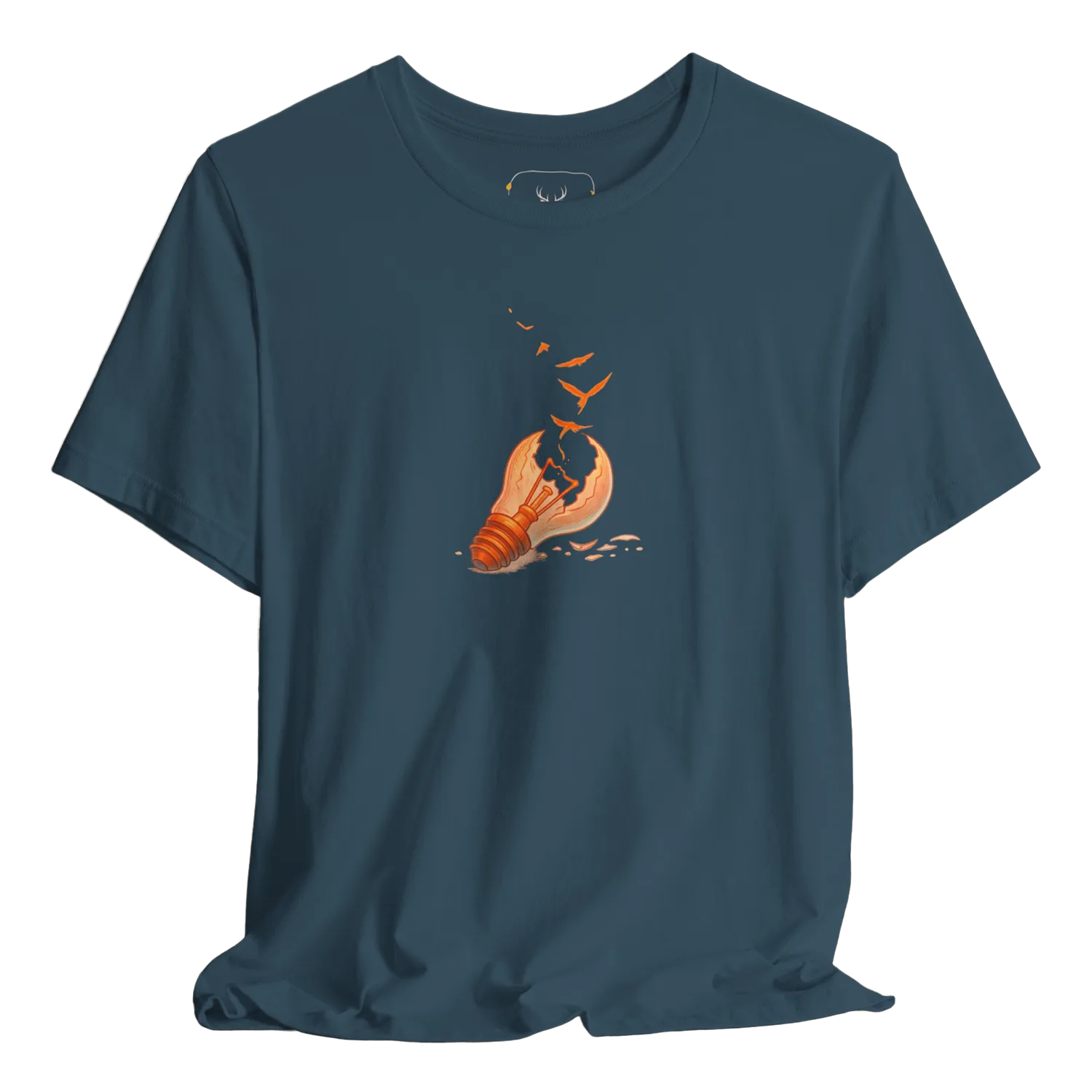 Deep teal t shirt featuring a symbolic light bulb releasing flying birds, representing creative ideas, artistic freedom, and philosophical thinking. Ideal for artists, designers, and creative people who enjoy surreal minimal graphics and concept illustration in streetwear style.