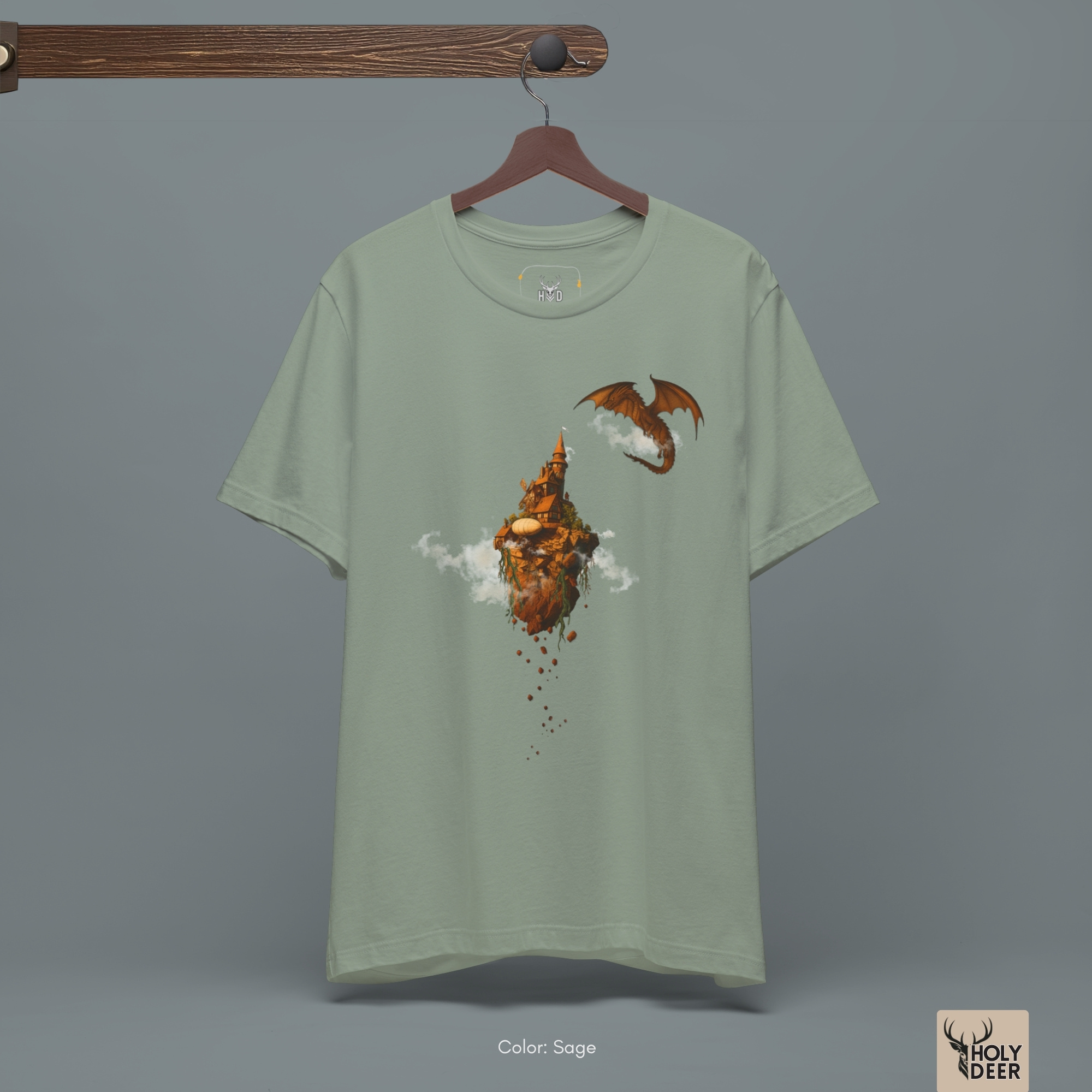 The iconic Fantasy Art Tshirt hanging cleanly on a luxury wood hanger, highlighting the robust neckline structure, crisp asymmetric graphic flow, and the official holydeer.com retail tags.