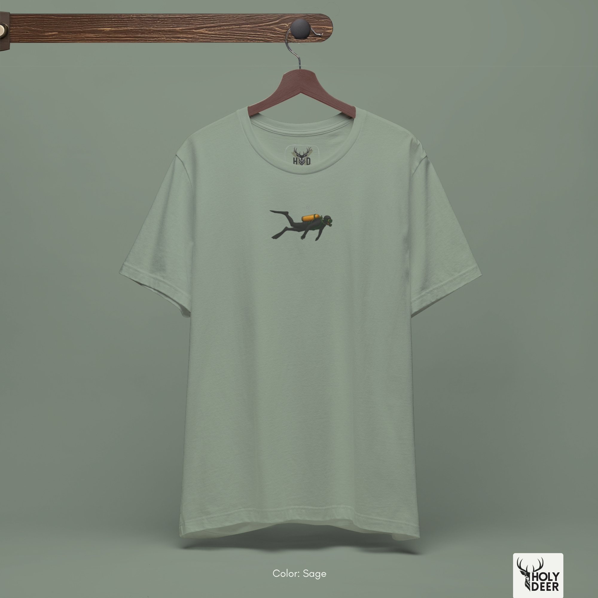 Soft abyssal blue ray shadow studio backdrop framing the unique Scuba Diving Shirt by Holydeer Streetwear, magnifying the clean centered small print design placement and premium underwater hobby presentation.