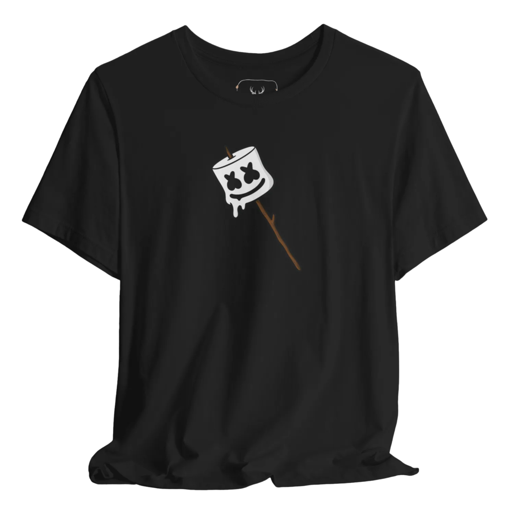A stylish black graphic t-shirt featuring a fun marshmallow campfire design, perfect for outdoor enthusiasts and camping lovers. Ideal for casual wear or as a gift for nature adventurers.