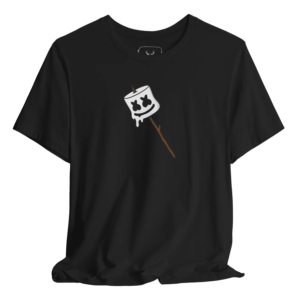 A stylish black graphic t-shirt featuring a fun marshmallow campfire design, perfect for outdoor enthusiasts and camping lovers. Ideal for casual wear or as a gift for nature adventurers.
