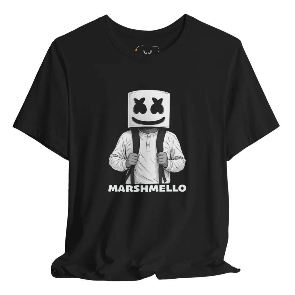 Stylish Marshmello t-shirt featuring a unique graphic design, perfect for music festival enthusiasts. This cool graphic tee is a must-have for any Marshmello fan, offering both comfort and trendiness in casual concert outfits and pop culture apparel.