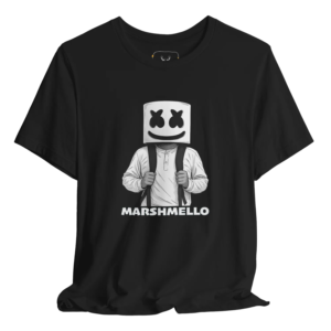 Stylish Marshmello t-shirt featuring a unique graphic design, perfect for music festival enthusiasts. This cool graphic tee is a must-have for any Marshmello fan, offering both comfort and trendiness in casual concert outfits and pop culture apparel.