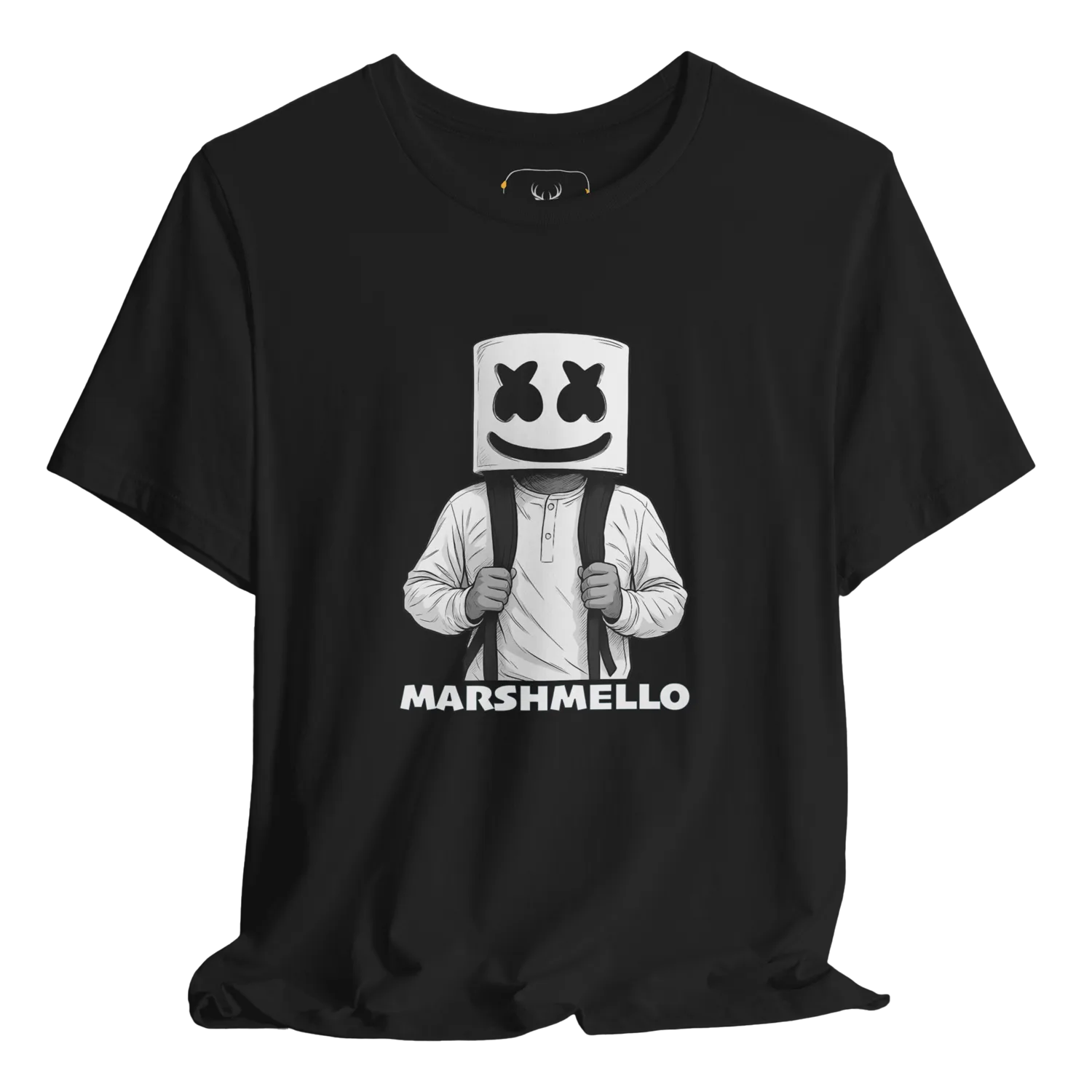 Stylish Marshmello t-shirt featuring a unique graphic design, perfect for music festival enthusiasts. This cool graphic tee is a must-have for any Marshmello fan, offering both comfort and trendiness in casual concert outfits and pop culture apparel.
