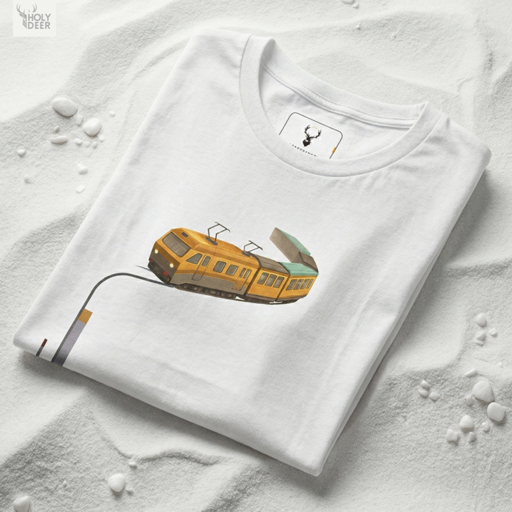 Macro view of the Subway Tee print showcasing intricate line shading on the retro mustard yellow wagon, miniature pantographs, and fine diagram data lines crafted exclusively by Holydeer Streetwear.