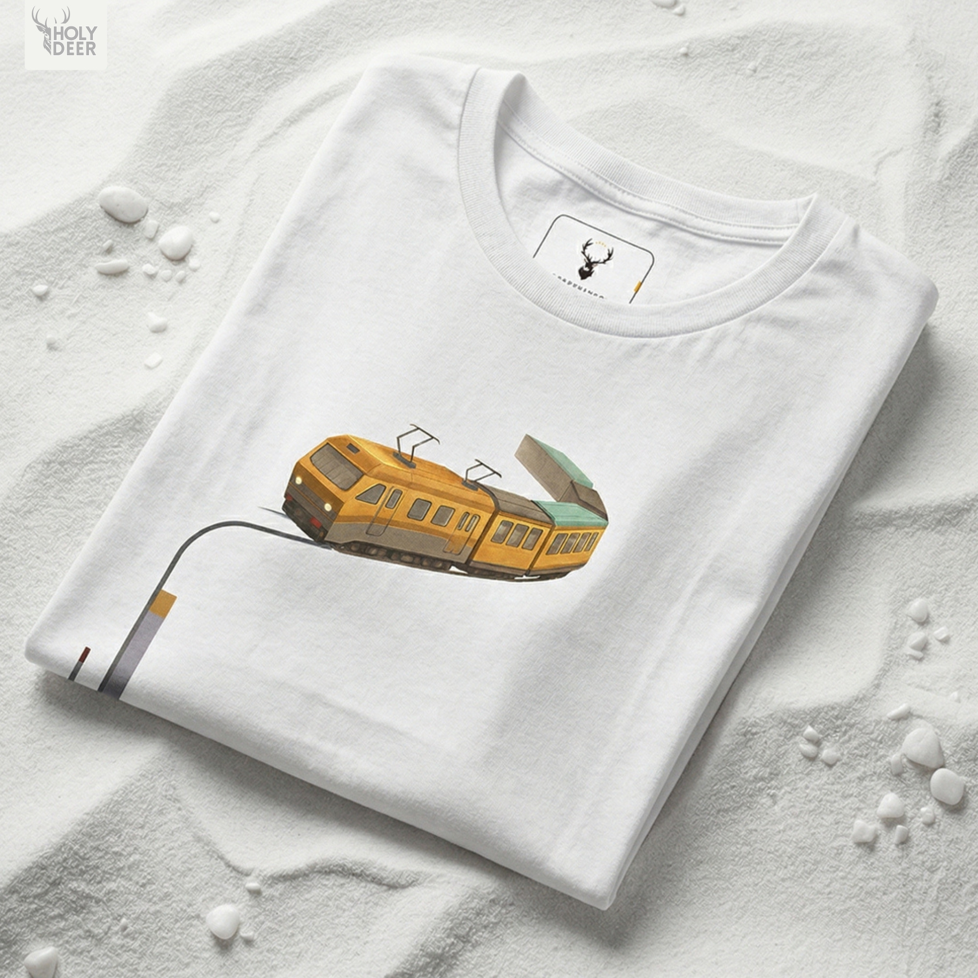 Macro view of the Subway Tee print showcasing intricate line shading on the retro mustard yellow wagon, miniature pantographs, and fine diagram data lines crafted exclusively by Holydeer Streetwear.